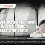 A girl looking upward thoughtfully at a text that says Subject-Verb Concord appearing to be thinking