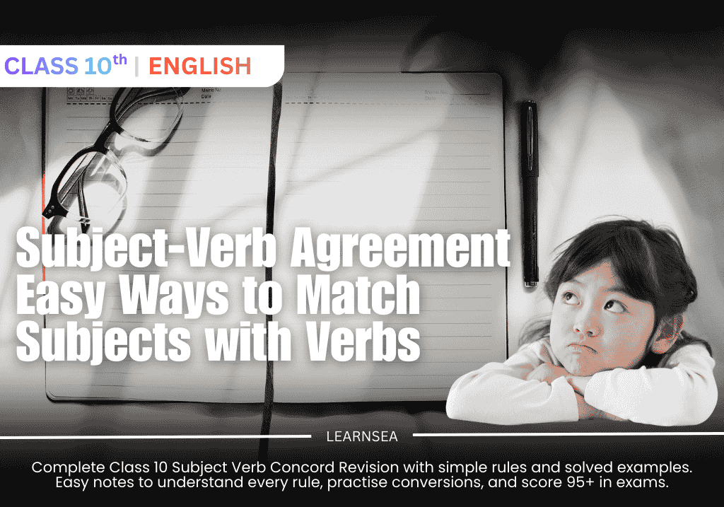 A girl looking upward thoughtfully at a text that says Subject-Verb Concord appearing to be thinking