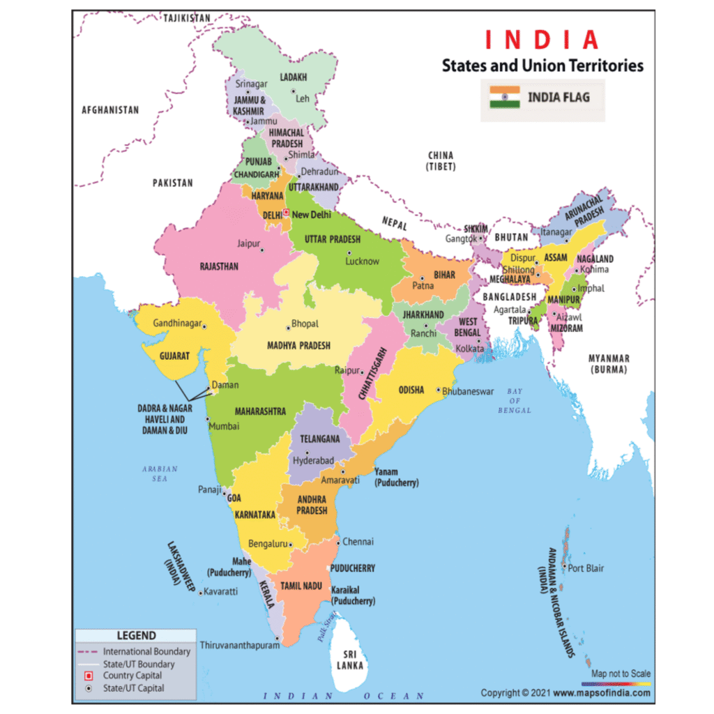 Printable blank map of India for Class 10 geography practice showing state boundaries and outline for locating major rivers, mountain ranges, capitals, neighboring countries, and important physical features.