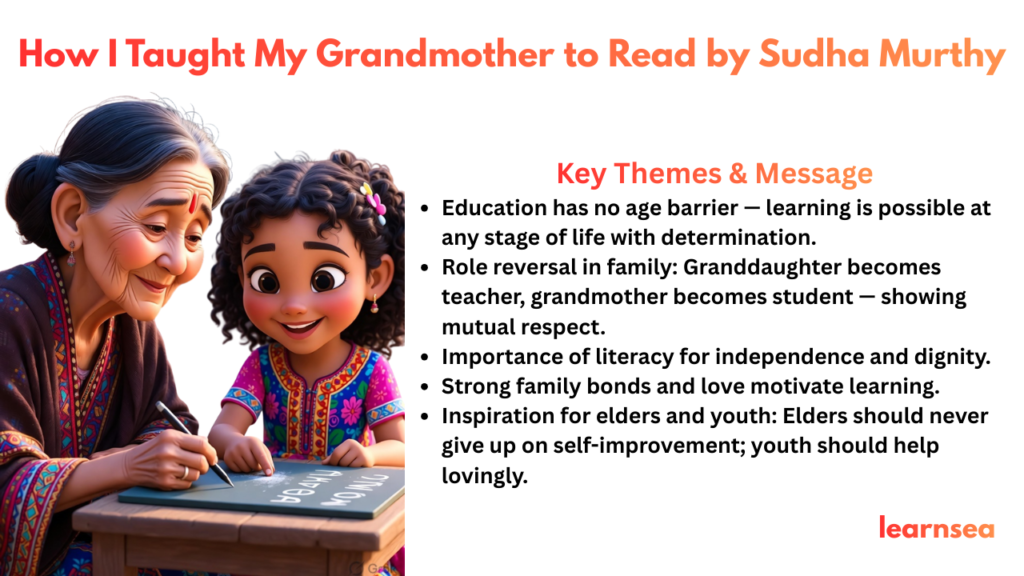 Banner showing Class 9 English Chapter 1 How I Taught My Grandmother to Read by Sudha Murty with theme of lifelong learning.