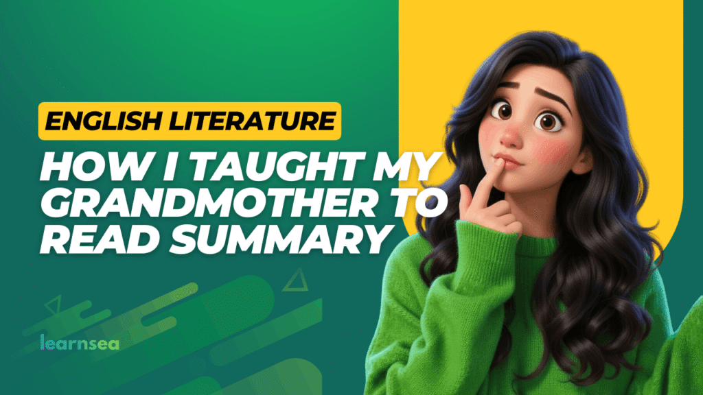 A vibrant, whimsical Pixar/Disney-style animated illustration featuring a thoughtful young girl with large expressive brown eyes, rosy cheeks, and long flowing dark wavy hair. She wears a cozy bright green sweater and has her finger thoughtfully placed on her lips in a classic "thinking" or "hmm" pose, looking slightly upward with a curious and puzzled expression. The background consists of bold geometric shapes in vibrant green and bright yellow, creating a colorful, energetic frame. Bold text overlays include "ENGLISH LITERATURE" in a yellow box, the main title "HOW I TAUGHT MY GRANDMOTHER TO READ SUMMARY" in large yellow and white letters, and subtle branding elements like "learnnsea" at the bottom. The overall style is high-quality, cute, and engaging, perfect for an educational video thumbnail or poster about Sudha Murthy's heartwarming story.