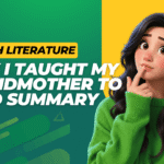 A vibrant, whimsical Pixar/Disney-style animated illustration featuring a thoughtful young girl with large expressive brown eyes, rosy cheeks, and long flowing dark wavy hair. She wears a cozy bright green sweater and has her finger thoughtfully placed on her lips in a classic "thinking" or "hmm" pose, looking slightly upward with a curious and puzzled expression. The background consists of bold geometric shapes in vibrant green and bright yellow, creating a colorful, energetic frame. Bold text overlays include "ENGLISH LITERATURE" in a yellow box, the main title "HOW I TAUGHT MY GRANDMOTHER TO READ SUMMARY" in large yellow and white letters, and subtle branding elements like "learnnsea" at the bottom. The overall style is high-quality, cute, and engaging, perfect for an educational video thumbnail or poster about Sudha Murthy's heartwarming story.